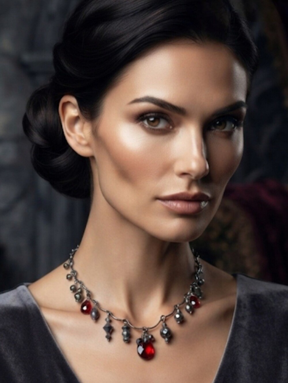Gothic Vine & Bead Red & Gray Charm Choker Necklace Vampira Morticia Elvira